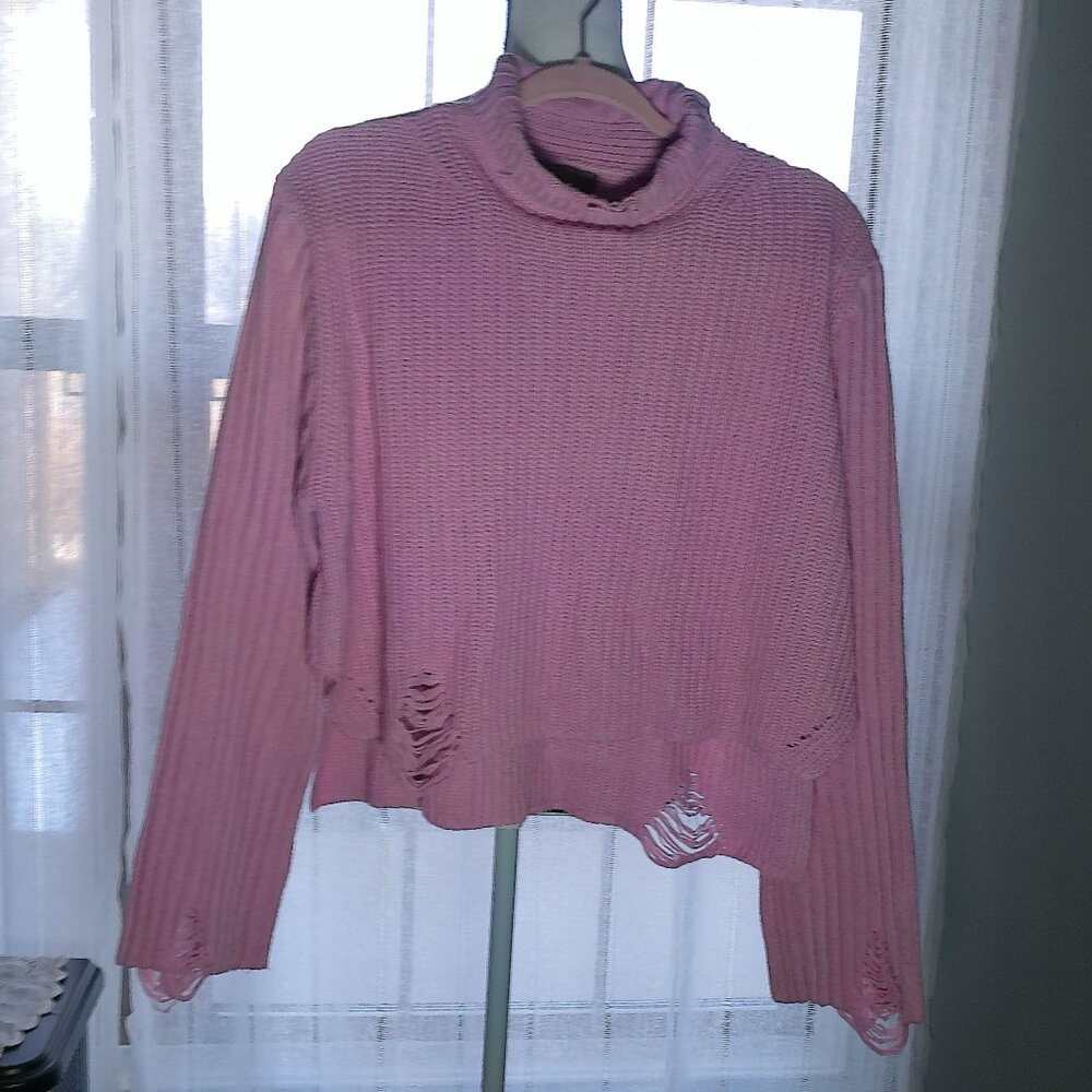 POL Cropped Sweater Cowl Neck Rib Knit Distressed HiLo Pink NWOT M